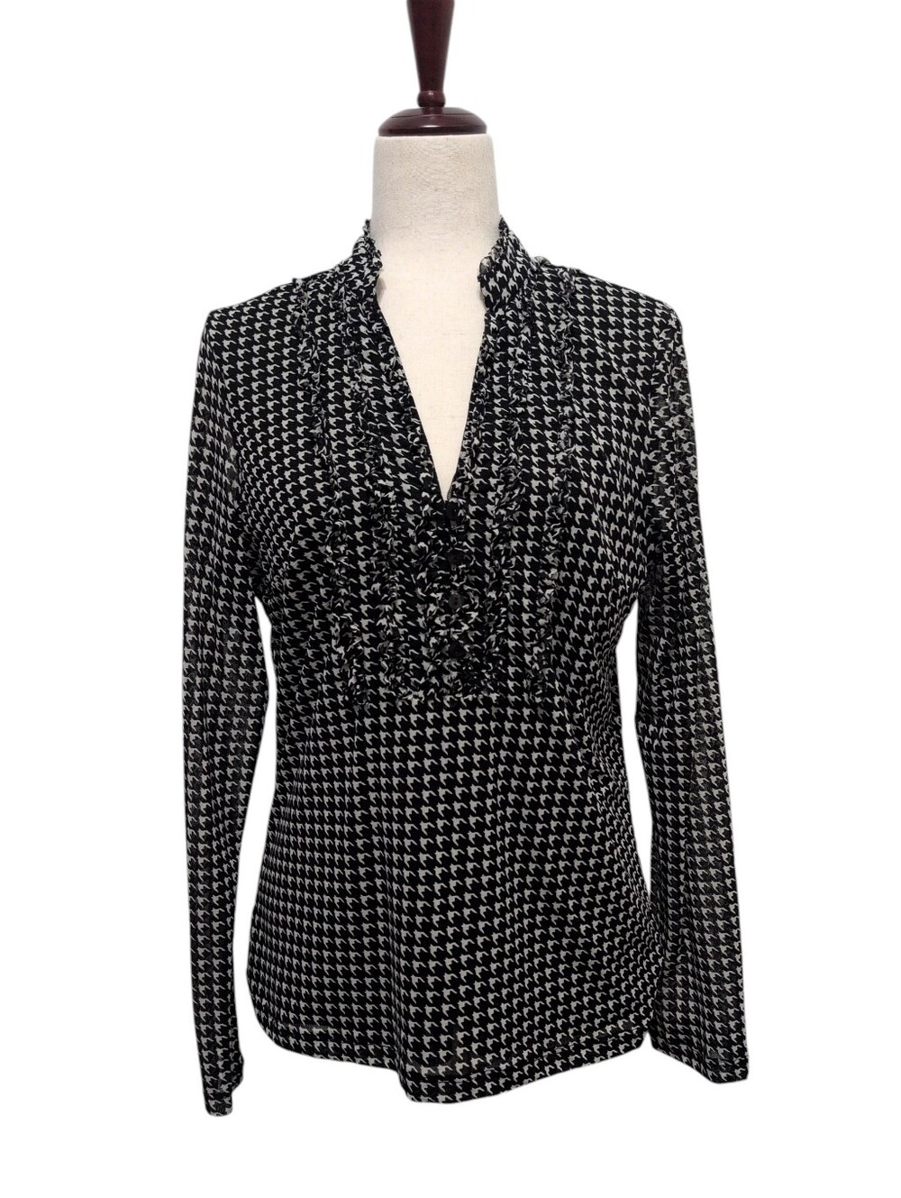 Coldwater Creek Long Sleeve Top Houndstooth Black White Ruffle Placket Sz Large